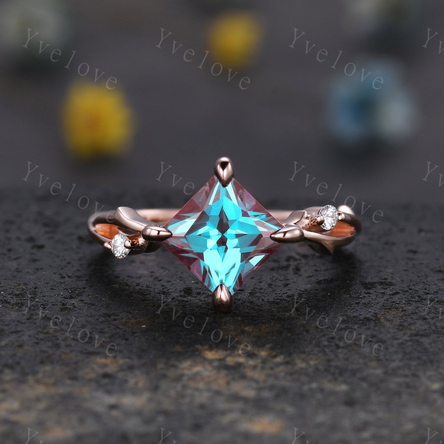 Vintage Princess Cut Alexandrite Engagement Ring,Twisted Ring,Leaf Vine Alexandrite Bridal Set,Branch Ring,Dainty Twig Moissanite Ring Gift