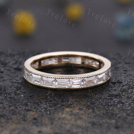 Vintage Moissanite Engagement Ring Baguette Cut Moissanite Band Eternity Wedding Band 14k Yellow gold Art Deco Stacking Matching Bridal Ring