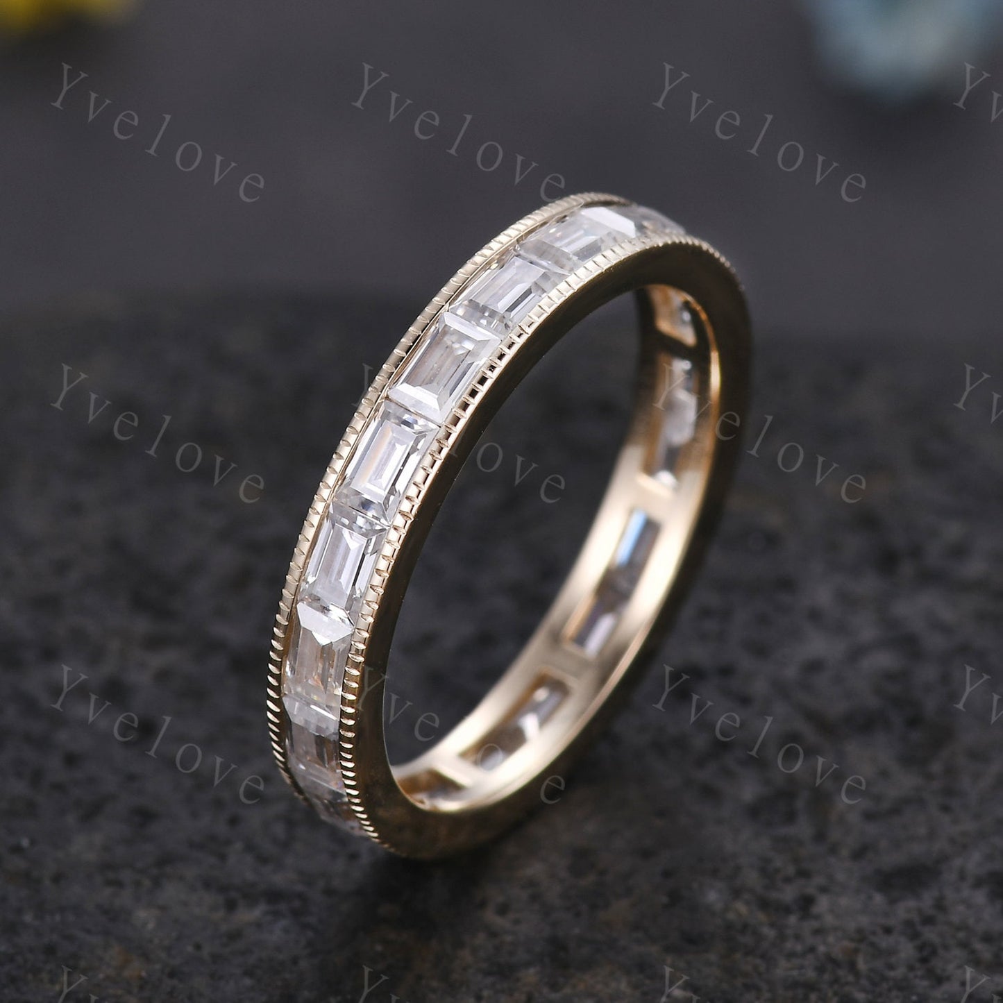 Vintage Moissanite Engagement Ring Baguette Cut Moissanite Band Eternity Wedding Band 14k Yellow gold Art Deco Stacking Matching Bridal Ring