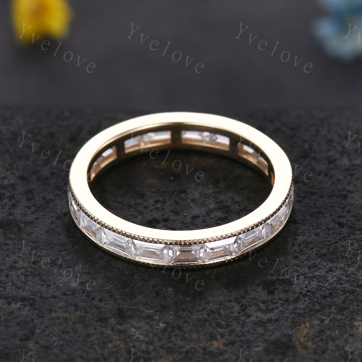 Vintage Moissanite Engagement Ring Baguette Cut Moissanite Band Eternity Wedding Band 14k Yellow gold Art Deco Stacking Matching Bridal Ring