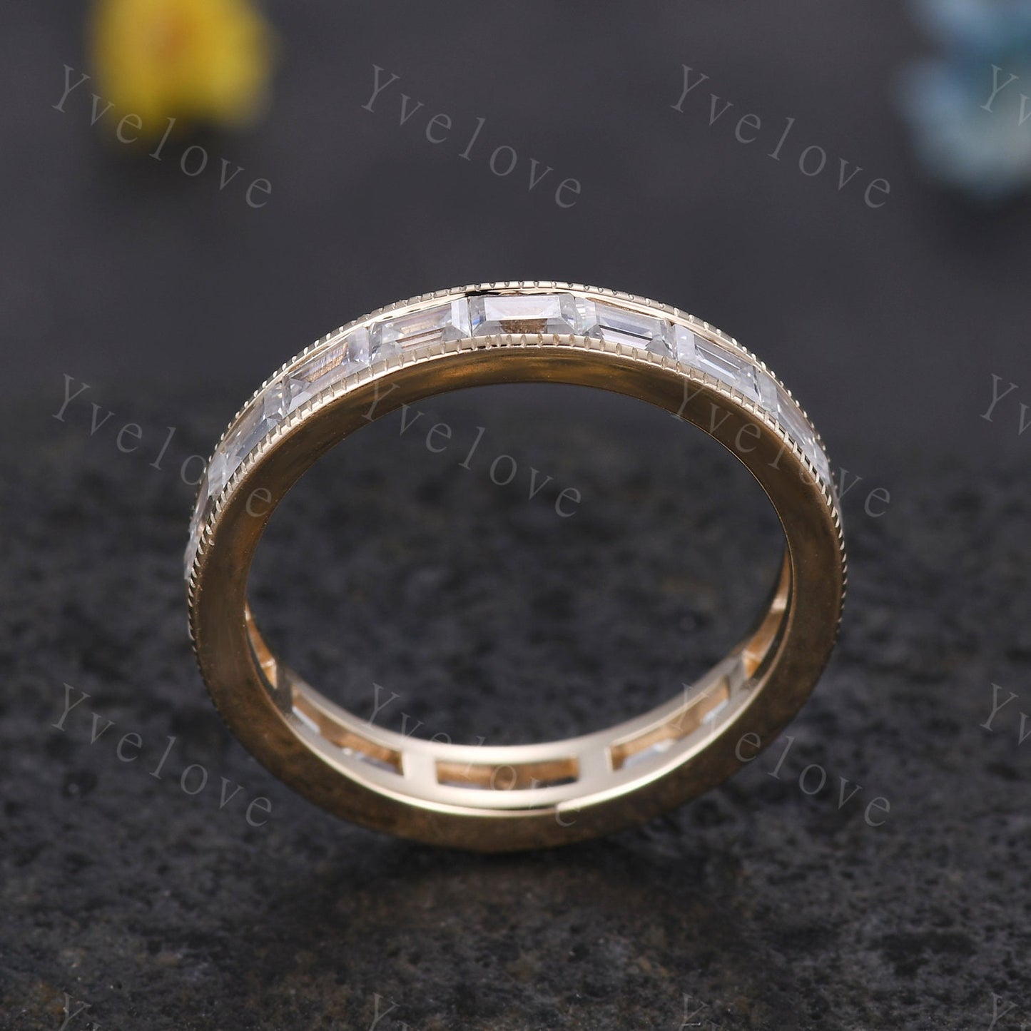 Vintage Moissanite Engagement Ring Baguette Cut Moissanite Band Eternity Wedding Band 14k Yellow gold Art Deco Stacking Matching Bridal Ring