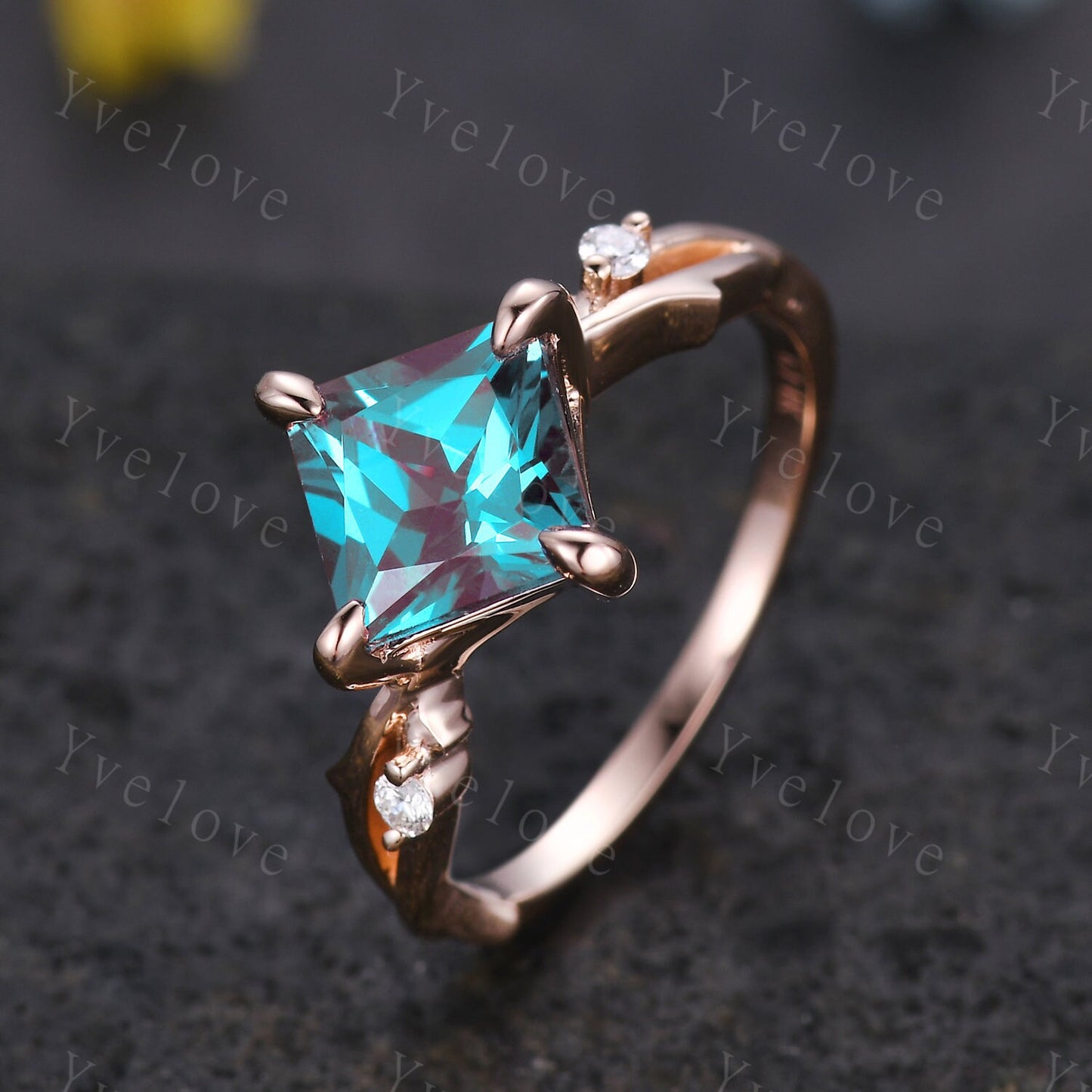Vintage Princess Cut Alexandrite Engagement Ring,Twisted Ring,Leaf Vine Alexandrite Bridal Set,Branch Ring,Dainty Twig Moissanite Ring Gift