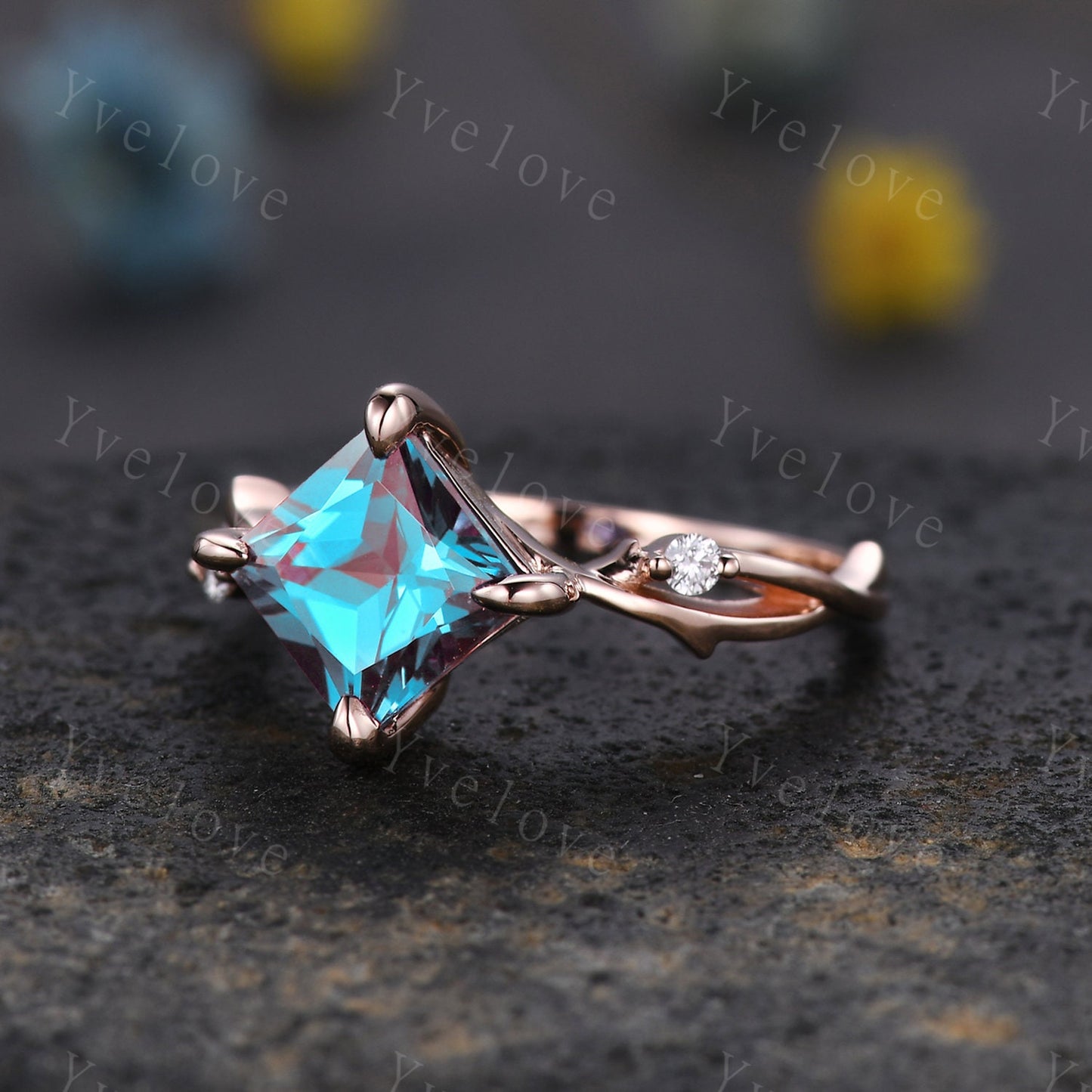 Vintage Princess Cut Alexandrite Engagement Ring,Twisted Ring,Leaf Vine Alexandrite Bridal Set,Branch Ring,Dainty Twig Moissanite Ring Gift