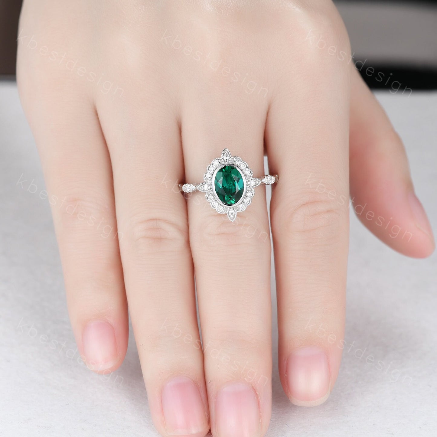 Vintage oval cut green emerald ring white gold unique emerald engagement ring antique milgrain moissanite wedding ring bridal promise ring