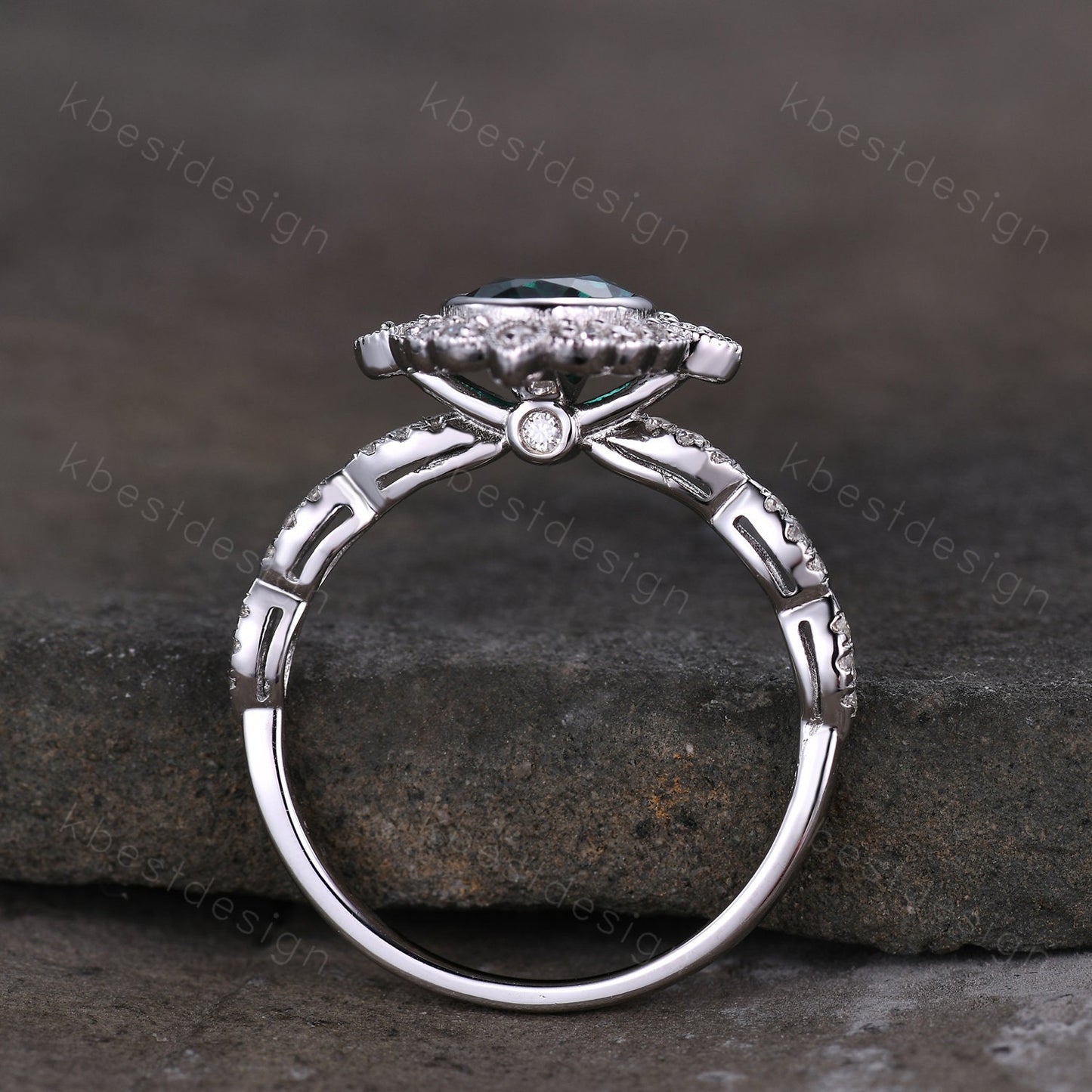 Vintage oval cut green emerald ring white gold unique emerald engagement ring antique milgrain moissanite wedding ring bridal promise ring
