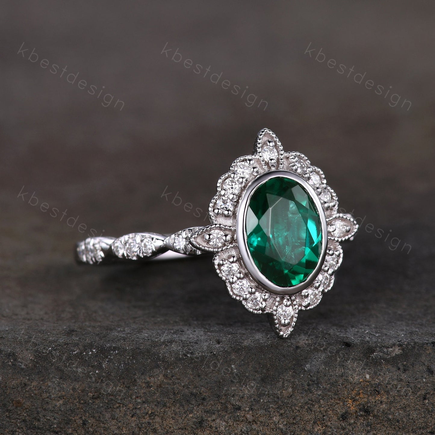 Vintage oval cut green emerald ring white gold unique emerald engagement ring antique milgrain moissanite wedding ring bridal promise ring