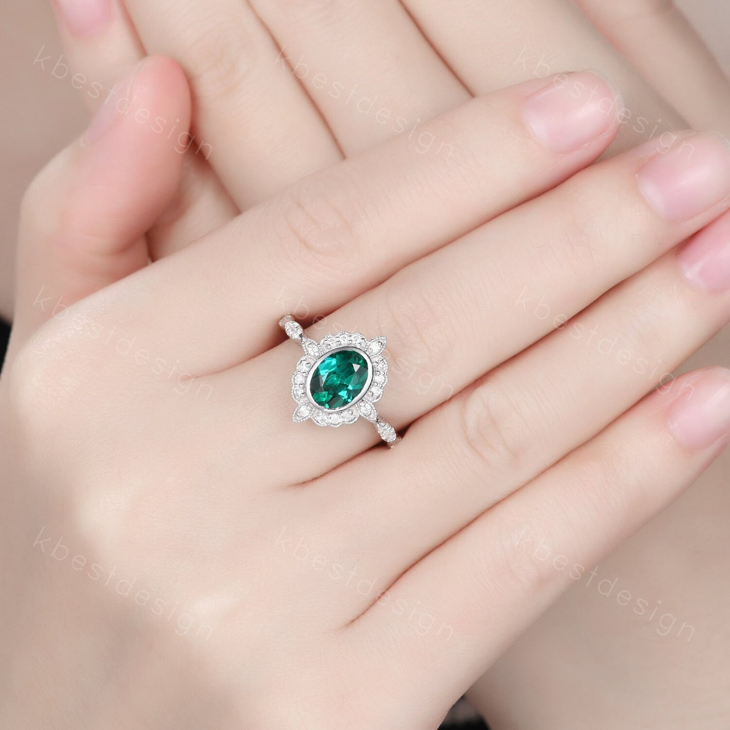 Vintage oval cut green emerald ring white gold unique emerald engagement ring antique milgrain moissanite wedding ring bridal promise ring