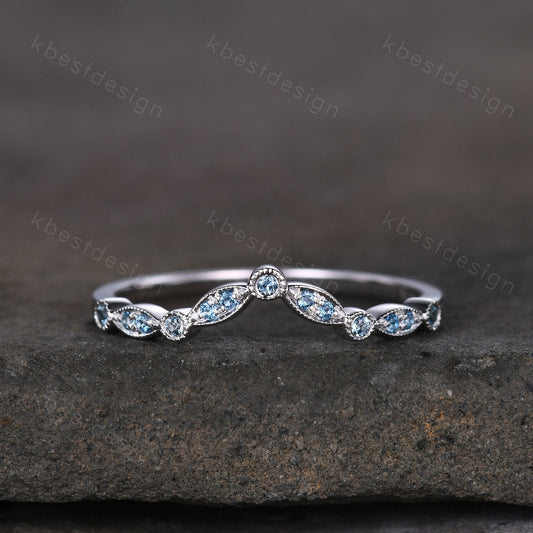 Curved Half Eternity Blue Topaz Wedding Ring Blue Gemstone Band Silver Ring Art Deco Stacking Matching Band Dainty Anniversary Gift