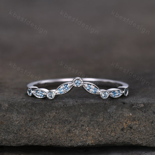 Curved Half Eternity Blue Topaz Wedding Ring Blue Gemstone Band Silver Ring Art Deco Stacking Matching Band Dainty Anniversary Gift