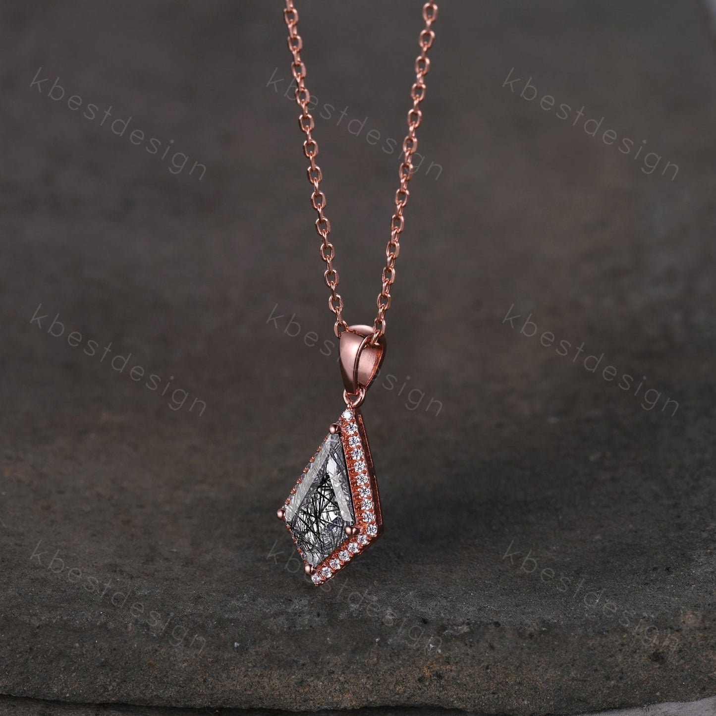 Kite cut black rutilated quartz necklace unique halo moissanite necklace pendant rose gold women black gemstone anniversary bridal gift