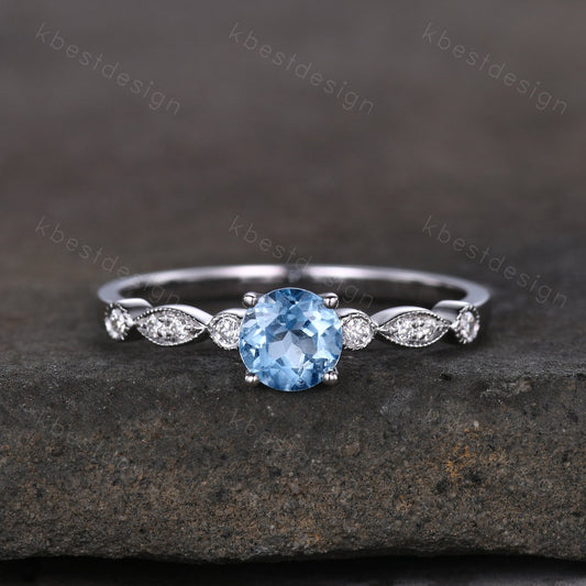 Dainty 5mm round cut blue topaz ring silver art deco blue topaz engagement ring unique moissanite wedding ring for women promise ring