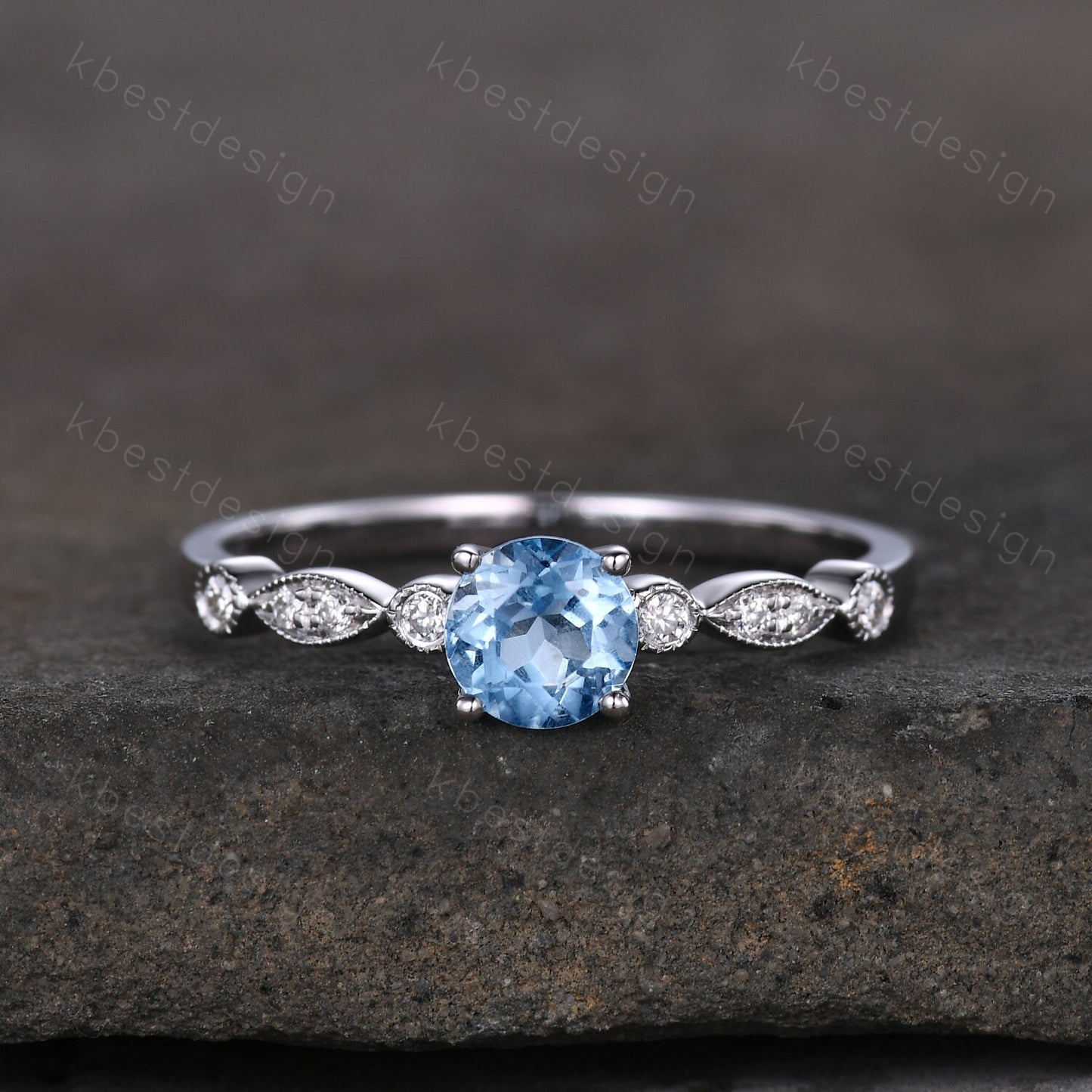 Dainty 5mm round cut blue topaz ring silver art deco blue topaz engagement ring unique moissanite wedding ring for women promise ring