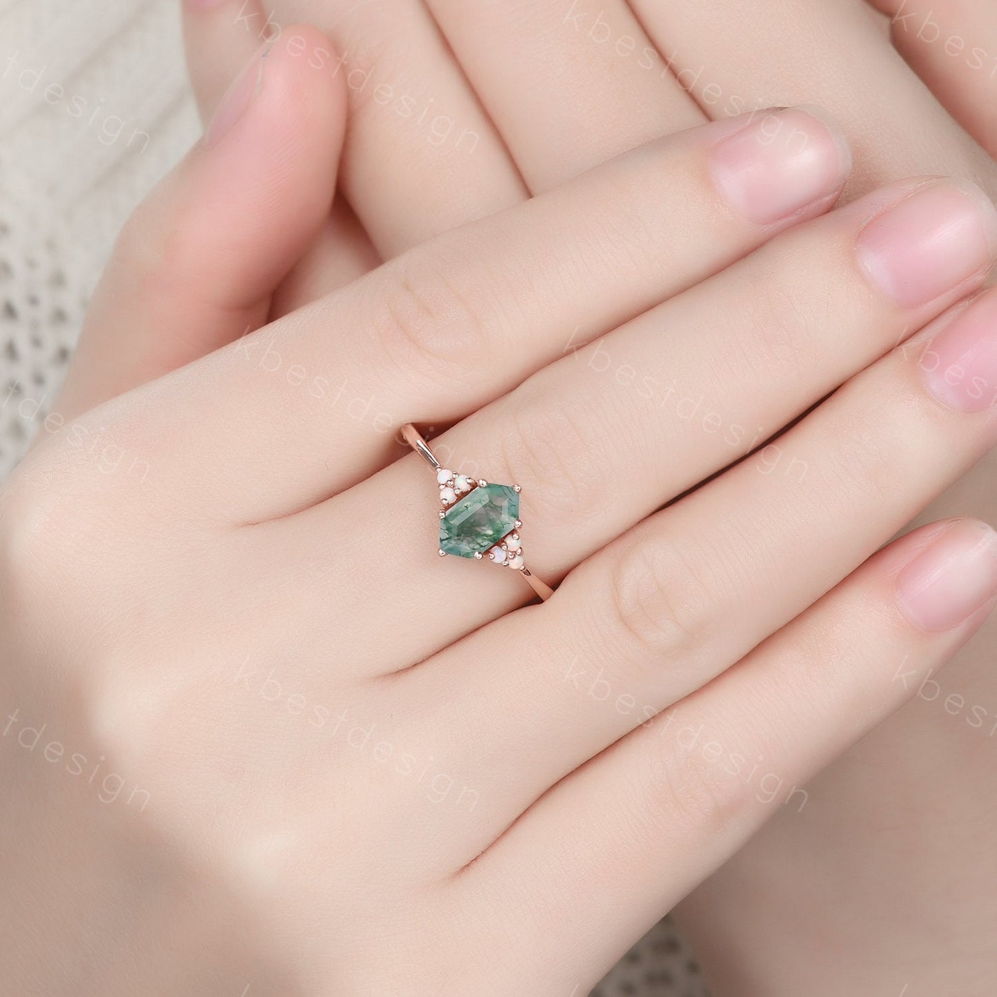 Vintage long hexagon cut Moss Agate ring Rose gold green agate engagement ring unique opal wedding ring art deco cluster bridal ring