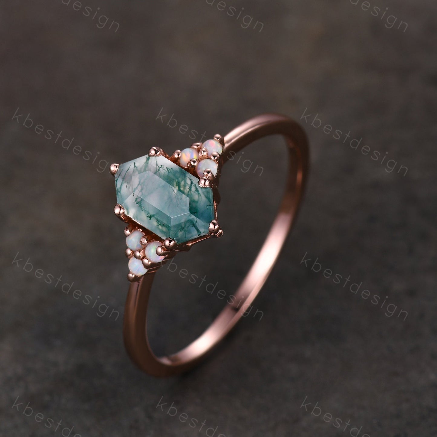 Vintage long hexagon cut Moss Agate ring Rose gold green agate engagement ring unique opal wedding ring art deco cluster bridal ring