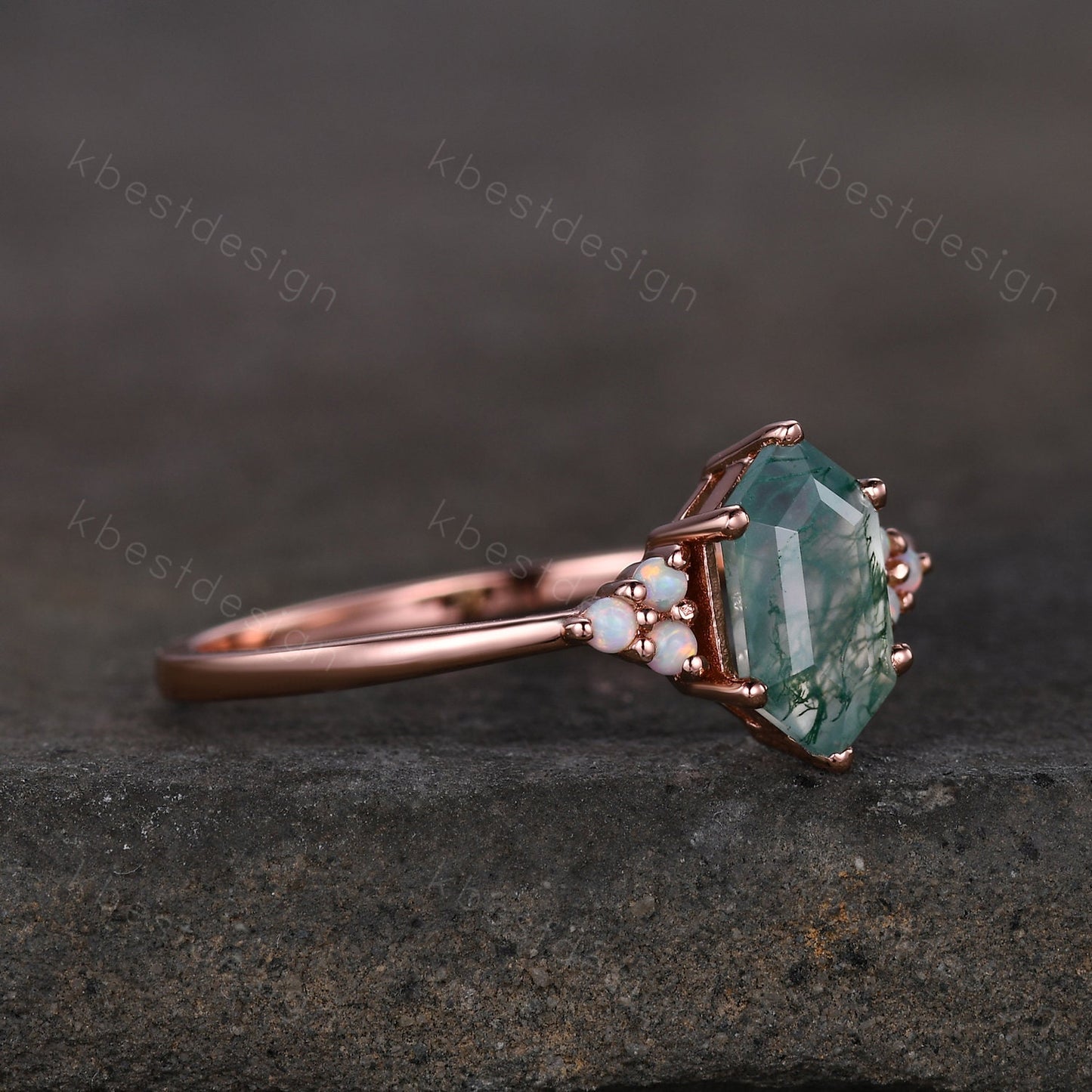Vintage long hexagon cut Moss Agate ring Rose gold green agate engagement ring unique opal wedding ring art deco cluster bridal ring