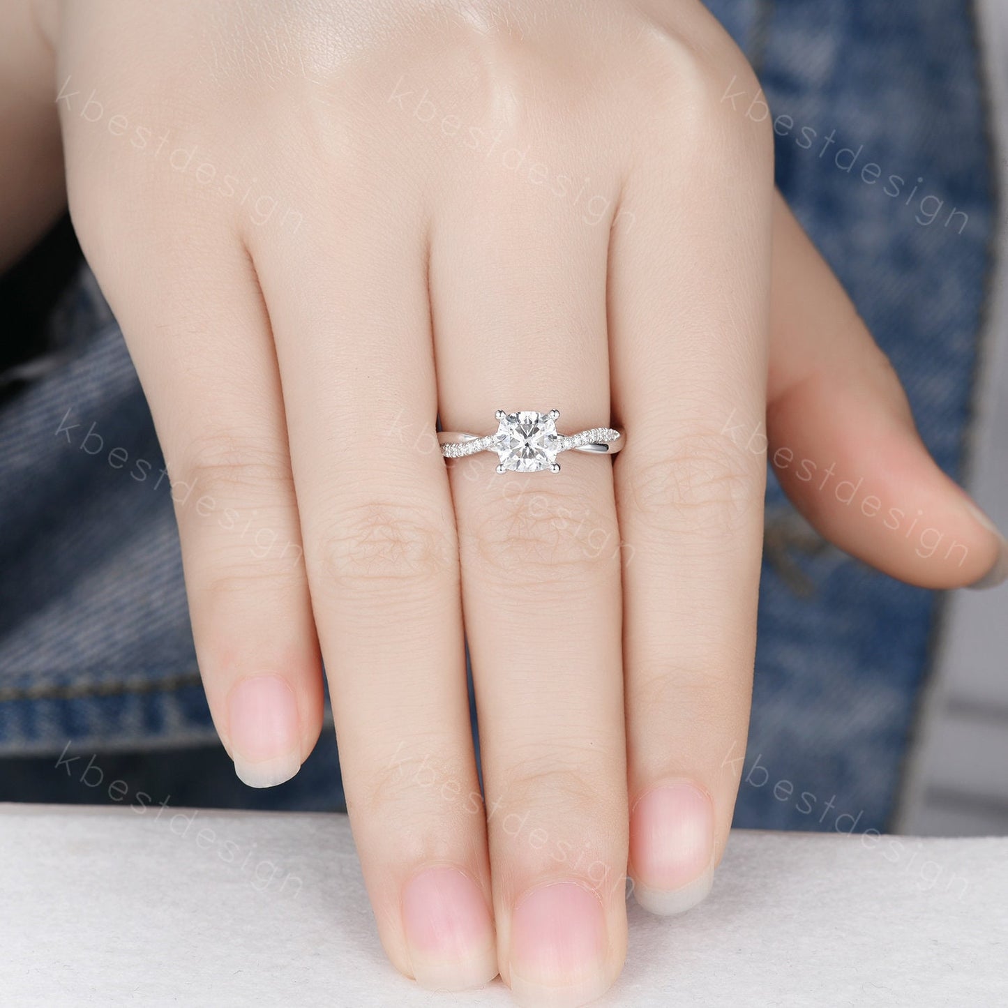 Cushion cut Moissanite engagement ring unique white gold twisted wedding ring simulated diamond ring for women vintage bridal promise ring