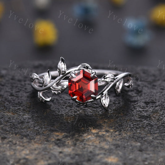 Hexagon Garnet Ring,Vintage Twig Vine Leaf Ring,Unique Garnet Engagement Ring,birthstone Ring,Promise Anniversary Bridal Ring Gift,Silver