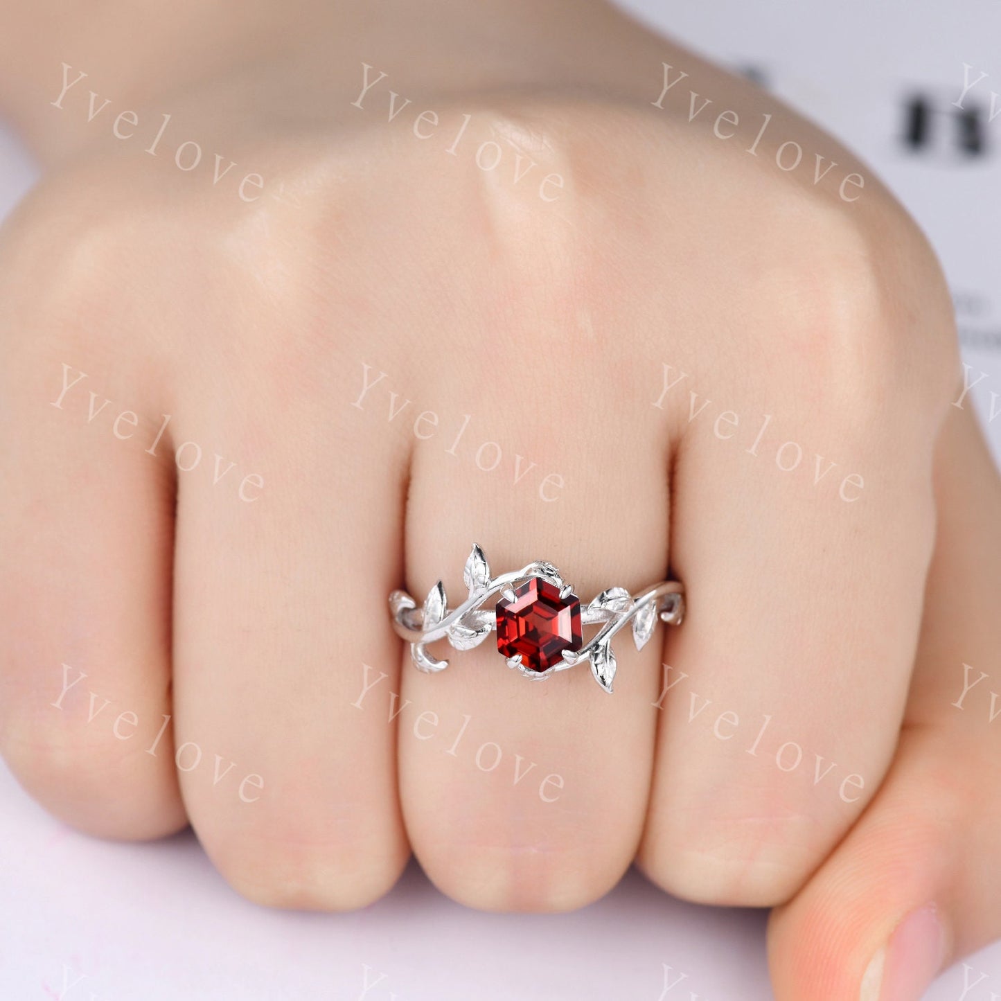 Hexagon Garnet Ring Set,Vintage Twig Vine Leaf Ring,Unique Garnet Engagement Ring,January Ring, Promise Anniversary Bridal Ring Gift,Silver