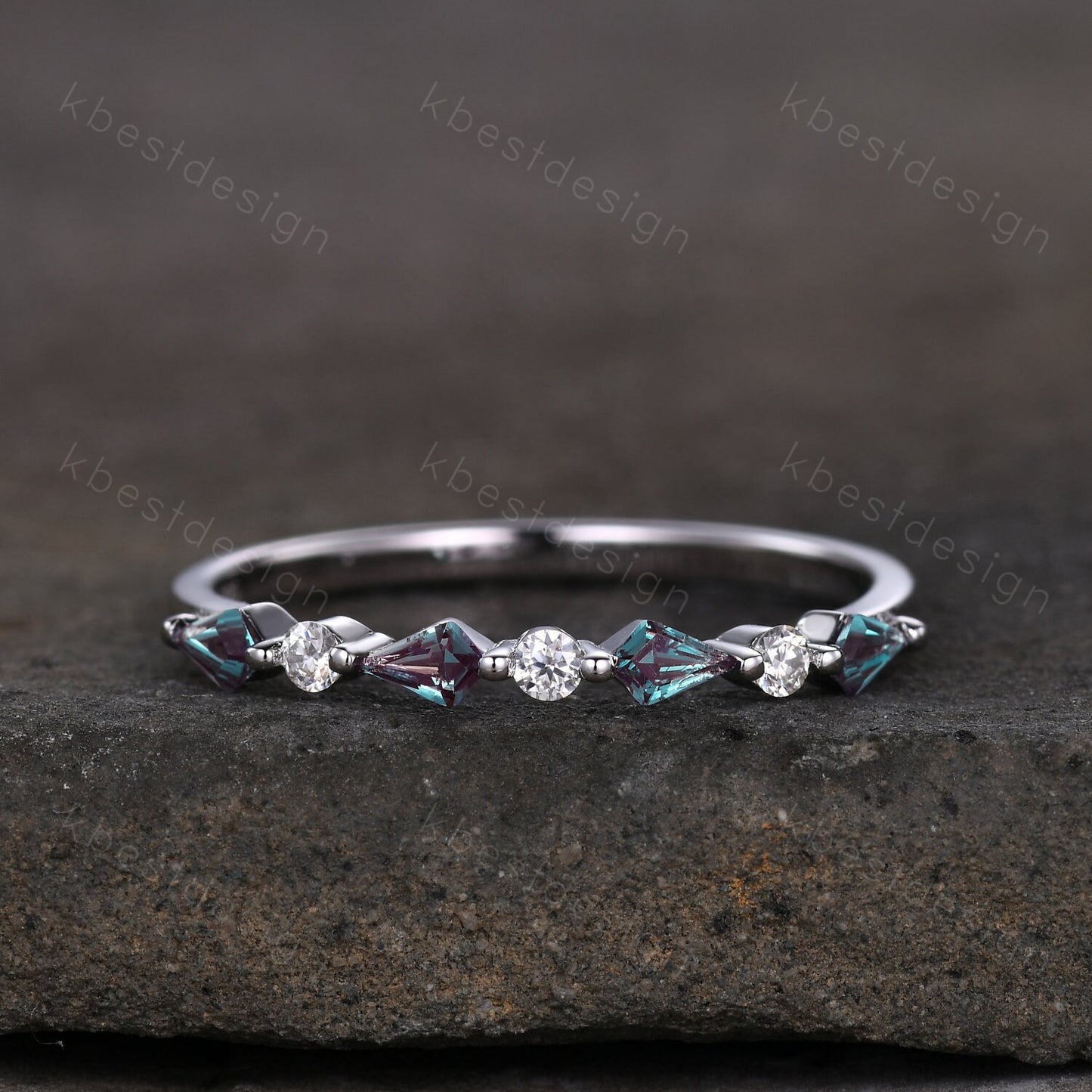 Vintage Alexandrite Wedding Band Kite cut Wedding Band Women Rose Gold Band Unique Half eternity band Delicate Stacking Band Gift for Her