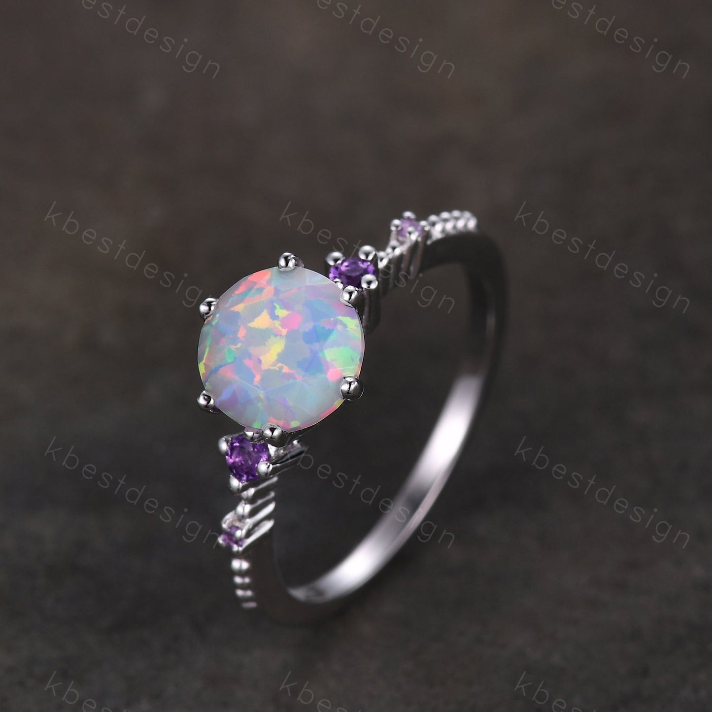 Round cut opal ring vintage white Opal engagement ring white gold Unique amethyst ring for women October birthstone ring anniversary ring
