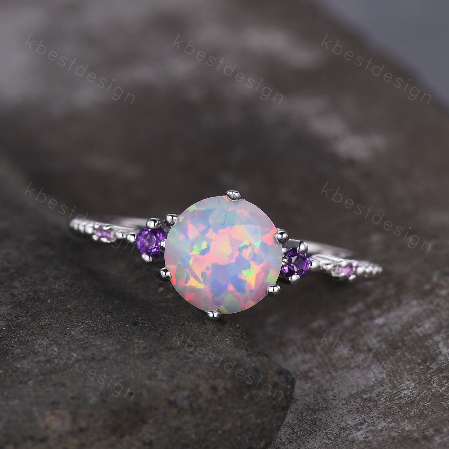 Round cut opal ring vintage white Opal engagement ring white gold Unique amethyst ring for women October birthstone ring anniversary ring