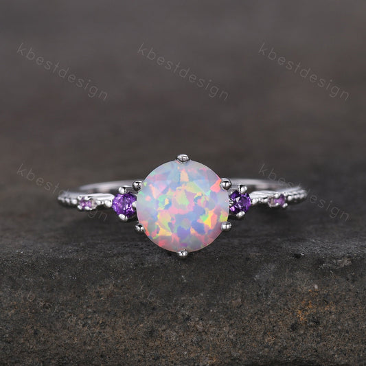 Round cut opal ring vintage white Opal engagement ring white gold Unique amethyst ring for women October birthstone ring anniversary ring