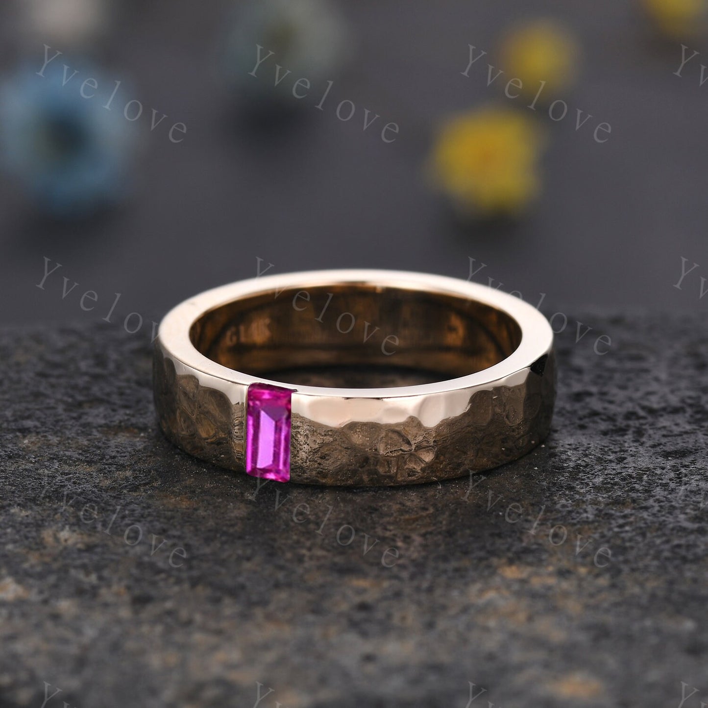Men Peridot Wedding Band Baguette Cut Peridot Band 5mm Solid Gold Ring Mens Hammered Stacking Matching Band Retro Vintage Ring father Gift