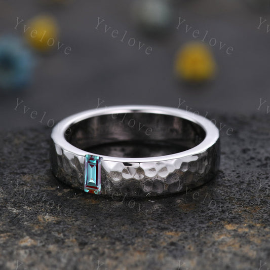 Mens Alexandrite Wedding Band Baguette Cut Alexandrite Band 5mm Solid Gold Ring Mens Hammered Stacking Matching Band Retro Vintage Ring Gift