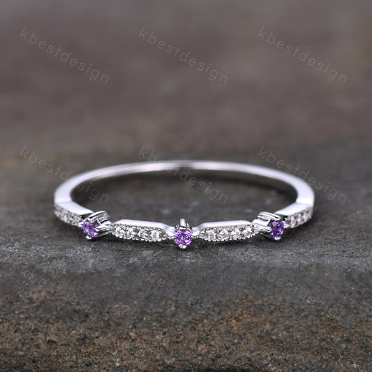 Delicate Amethyst Wedding Band Amethyst & Moissanite Wedding Band Half Eternity Matching Band Stackable Minimalist Bridal Anniversary Ring