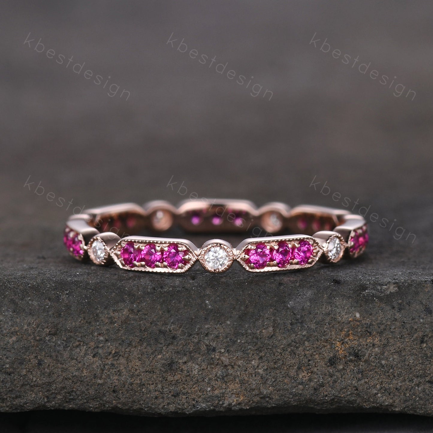 Vintage Ruby wedding band rose gold ruby moissanite wedding ring unique art deco eternity band July birthstone ring anniversary gift