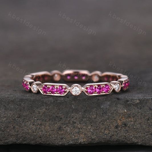 Vintage Ruby wedding band rose gold ruby moissanite wedding ring unique art deco eternity band July birthstone ring anniversary gift