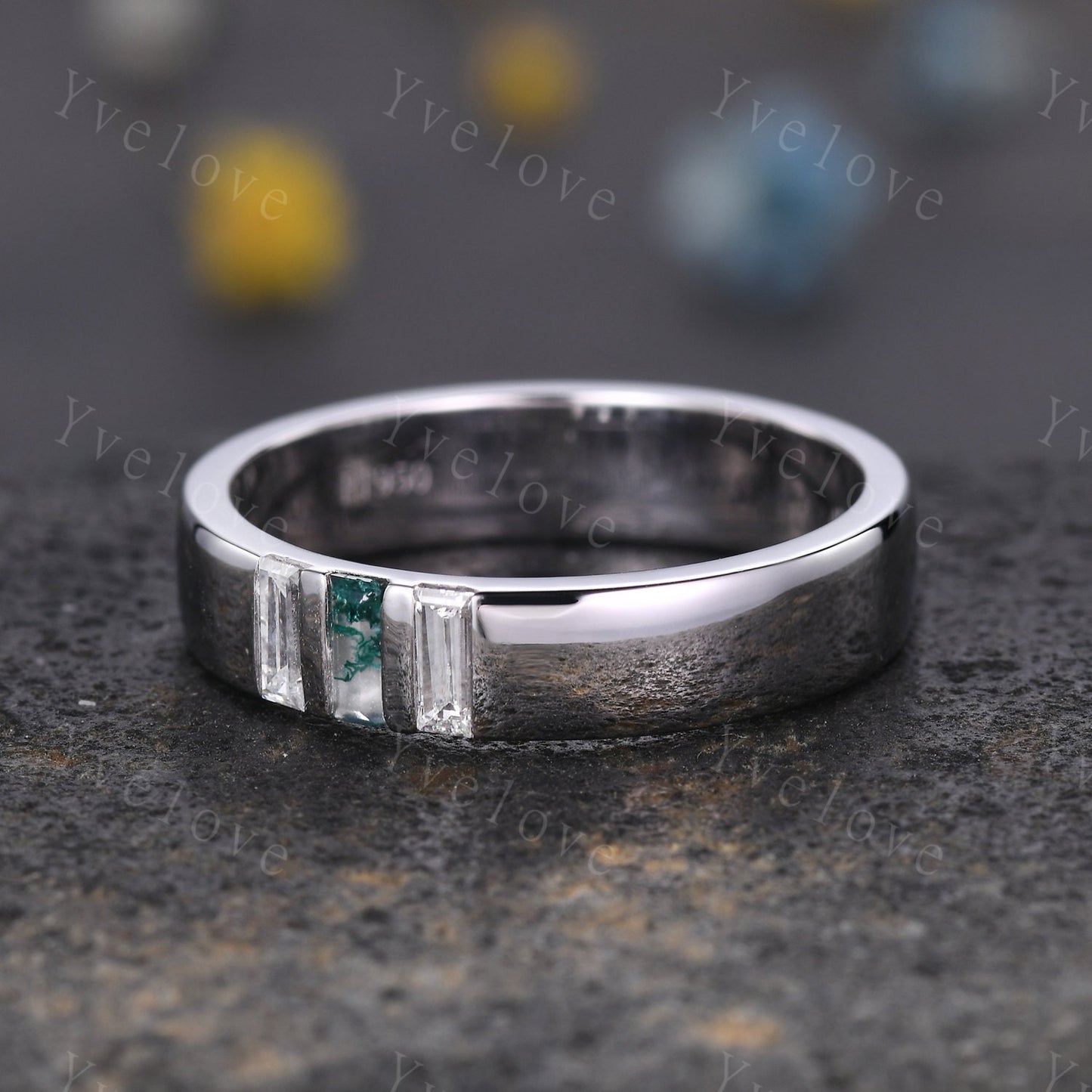 5mm Mens Moss agate Wedding Band Baguette Green Agate Diamond Band Platinum Ring Men Stacking Matching Band 3 Stones Ring Gifts  For Men
