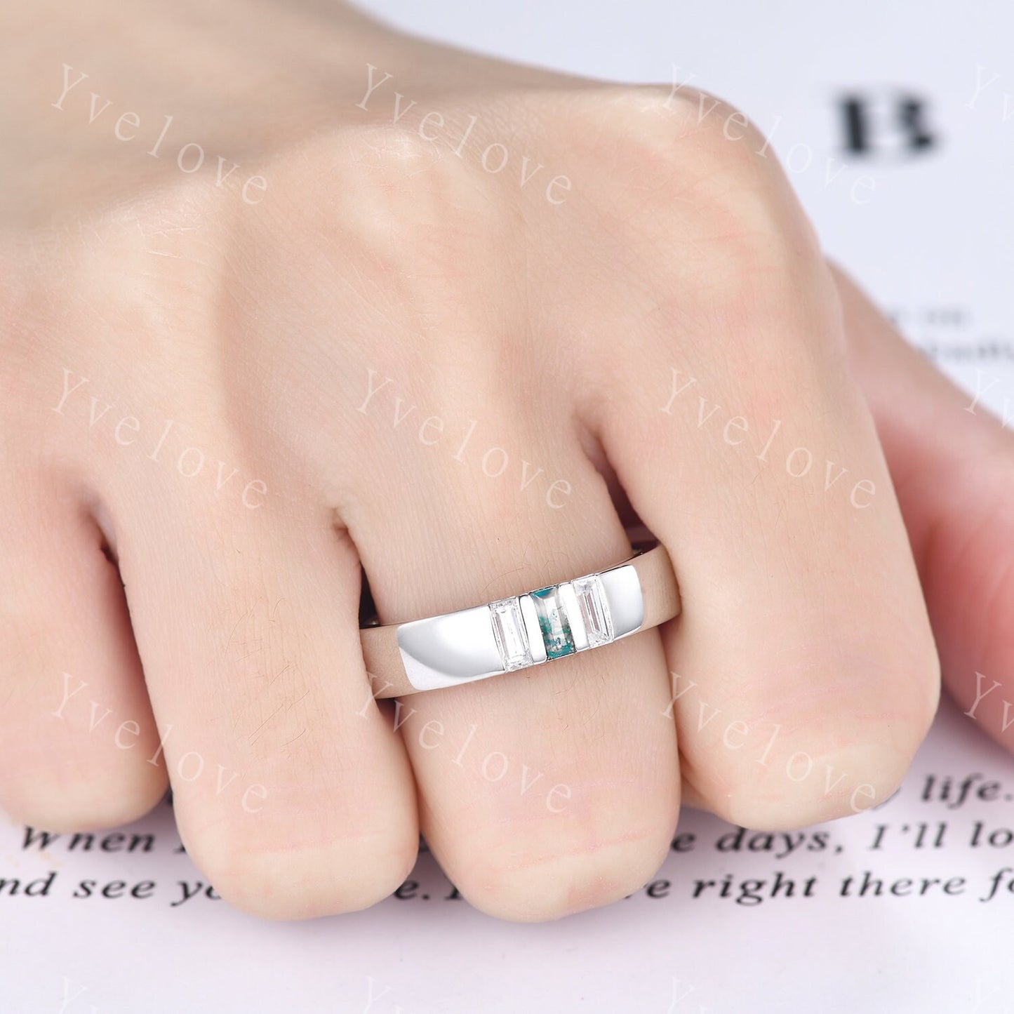 5mm Mens Moss agate Wedding Band Baguette Green Agate Diamond Band Platinum Ring Men Stacking Matching Band 3 Stones Ring Gifts  For Men