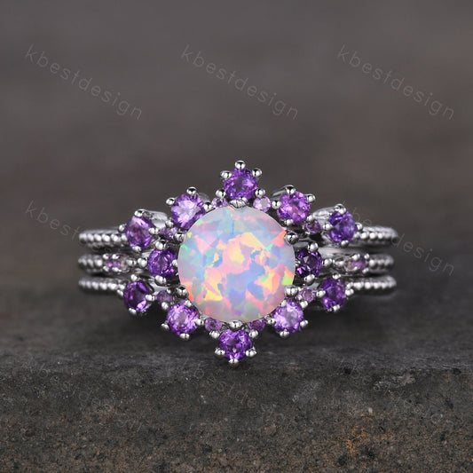 3PCS White Opal Engagement Ring Set Vintage Round cut Opal Amethyst Bridal Set Unique Curved Amethyst Wedding Ring Anniversary Promise Gift