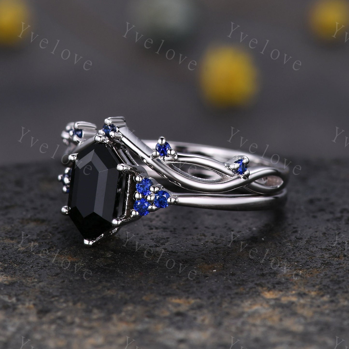 Retro hexagon Black Onyx Sapphire Ring,Vintage Sterling Silver Ring,Unique Black Gems Engagement Ring,Promise Ring,Bridal Ring Gift For Her