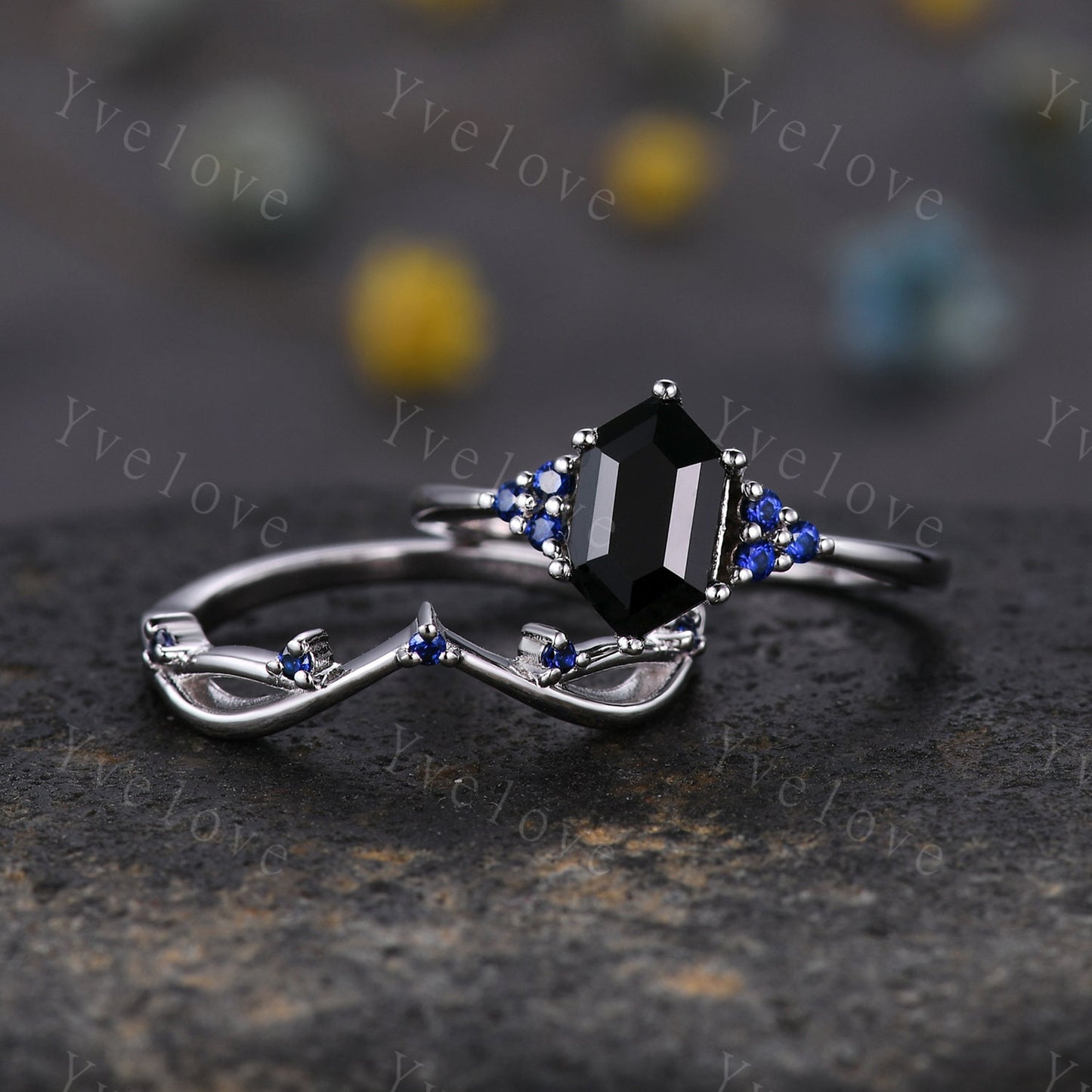 Retro hexagon Black Onyx Sapphire Ring,Vintage Sterling Silver Ring,Unique Black Gems Engagement Ring,Promise Ring,Bridal Ring Gift For Her
