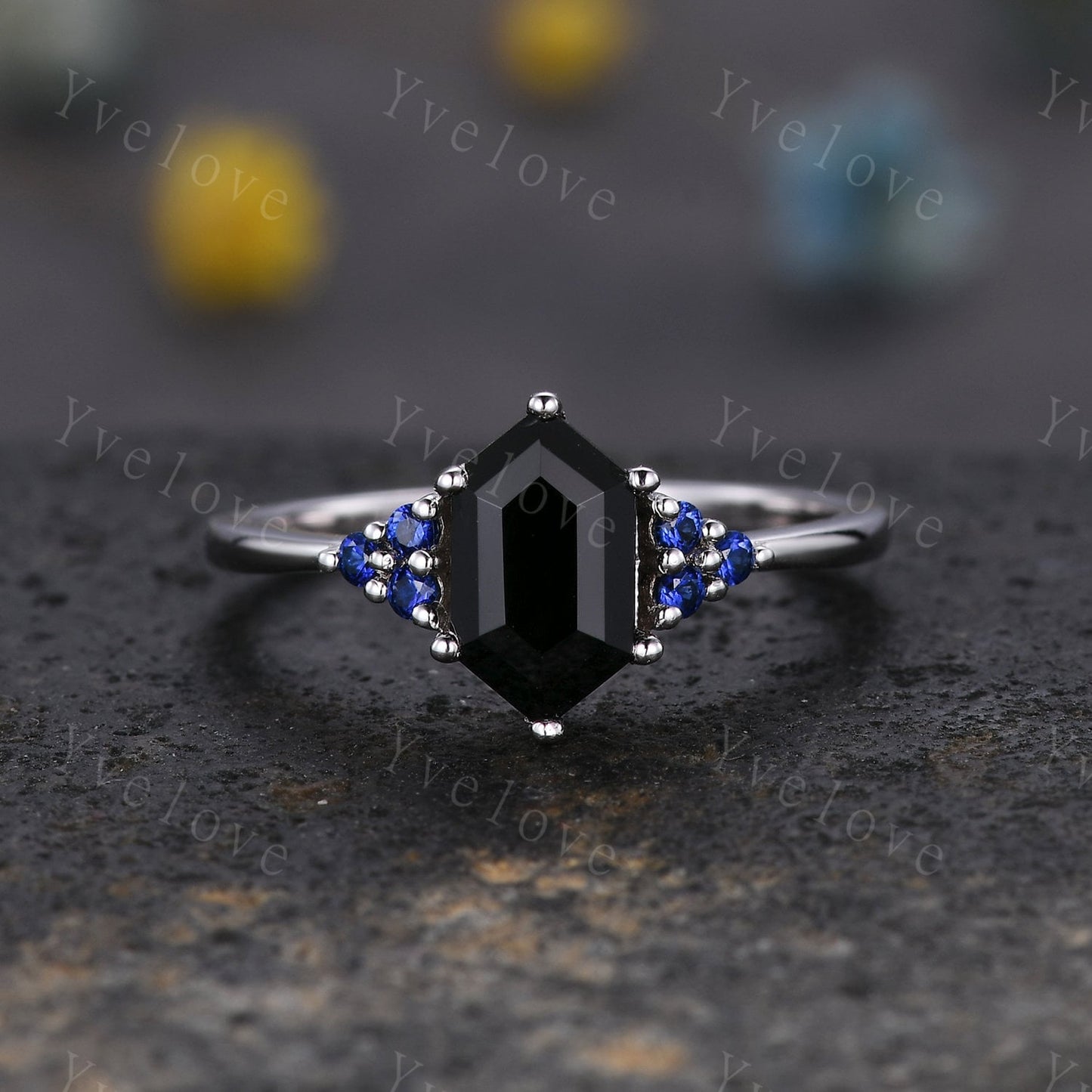 Retro hexagon Black Onyx Sapphire Ring,Vintage Silver Ring Set,Unique Black Onyx Engagement Ring,Promise Ring,Anniversary Ring Gift For Her