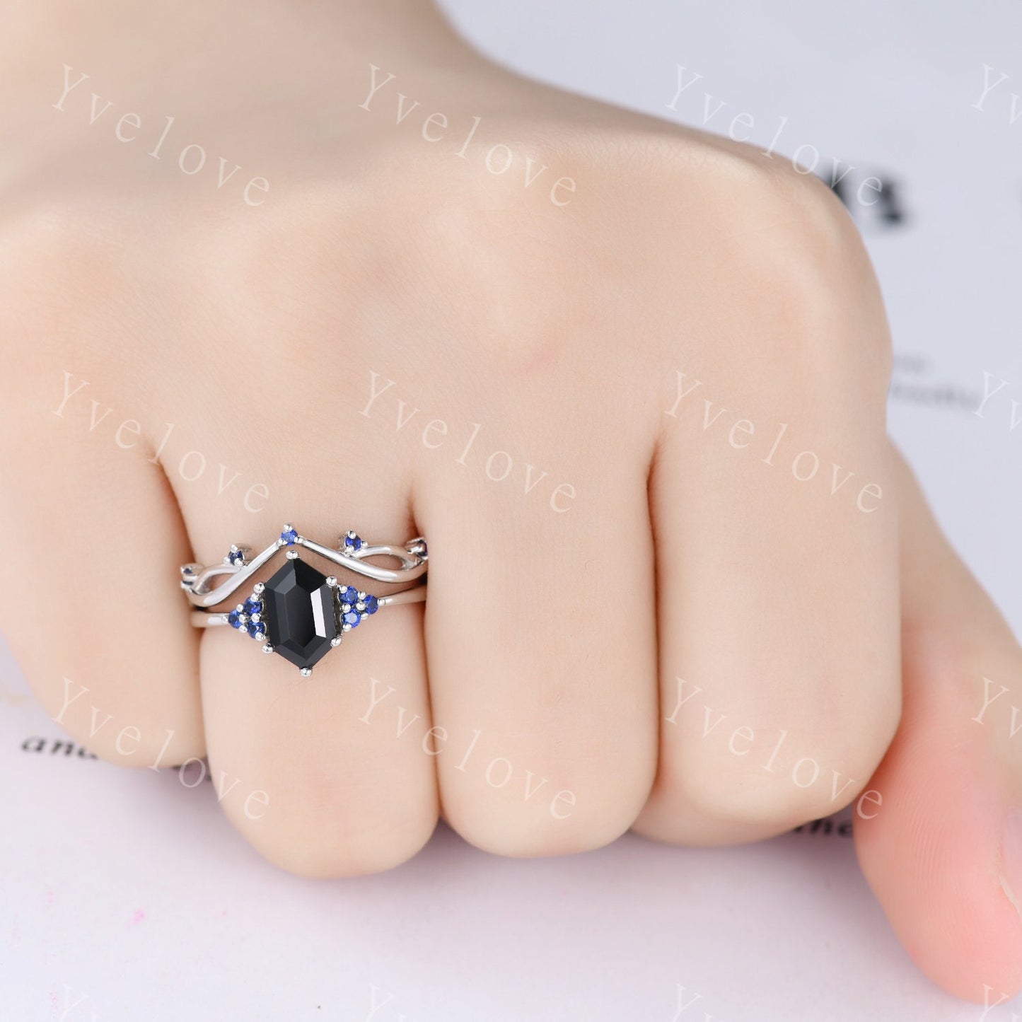 Retro hexagon Black Onyx Sapphire Ring,Vintage Sterling Silver Ring,Unique Black Gems Engagement Ring,Promise Ring,Bridal Ring Gift For Her