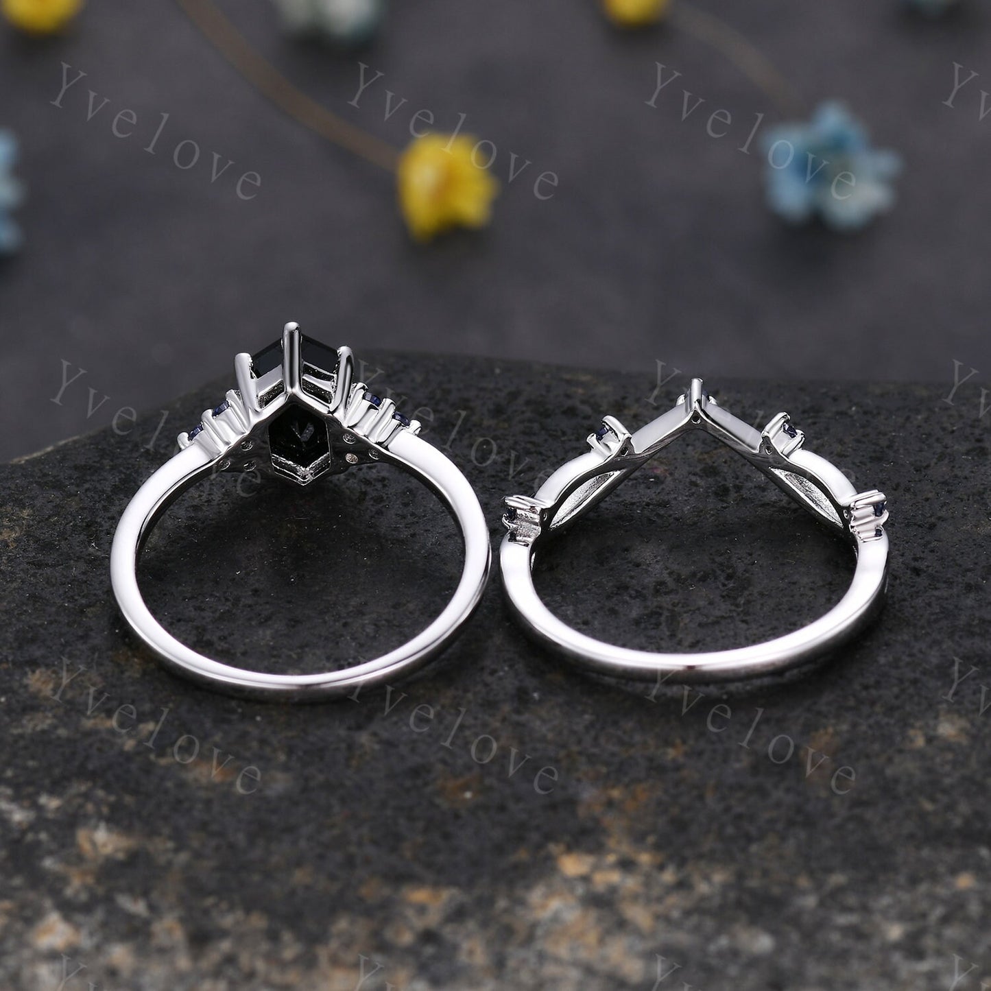 Retro hexagon Black Onyx Sapphire Ring,Vintage Silver Ring Set,Unique Black Onyx Engagement Ring,Promise Ring,Anniversary Ring Gift For Her