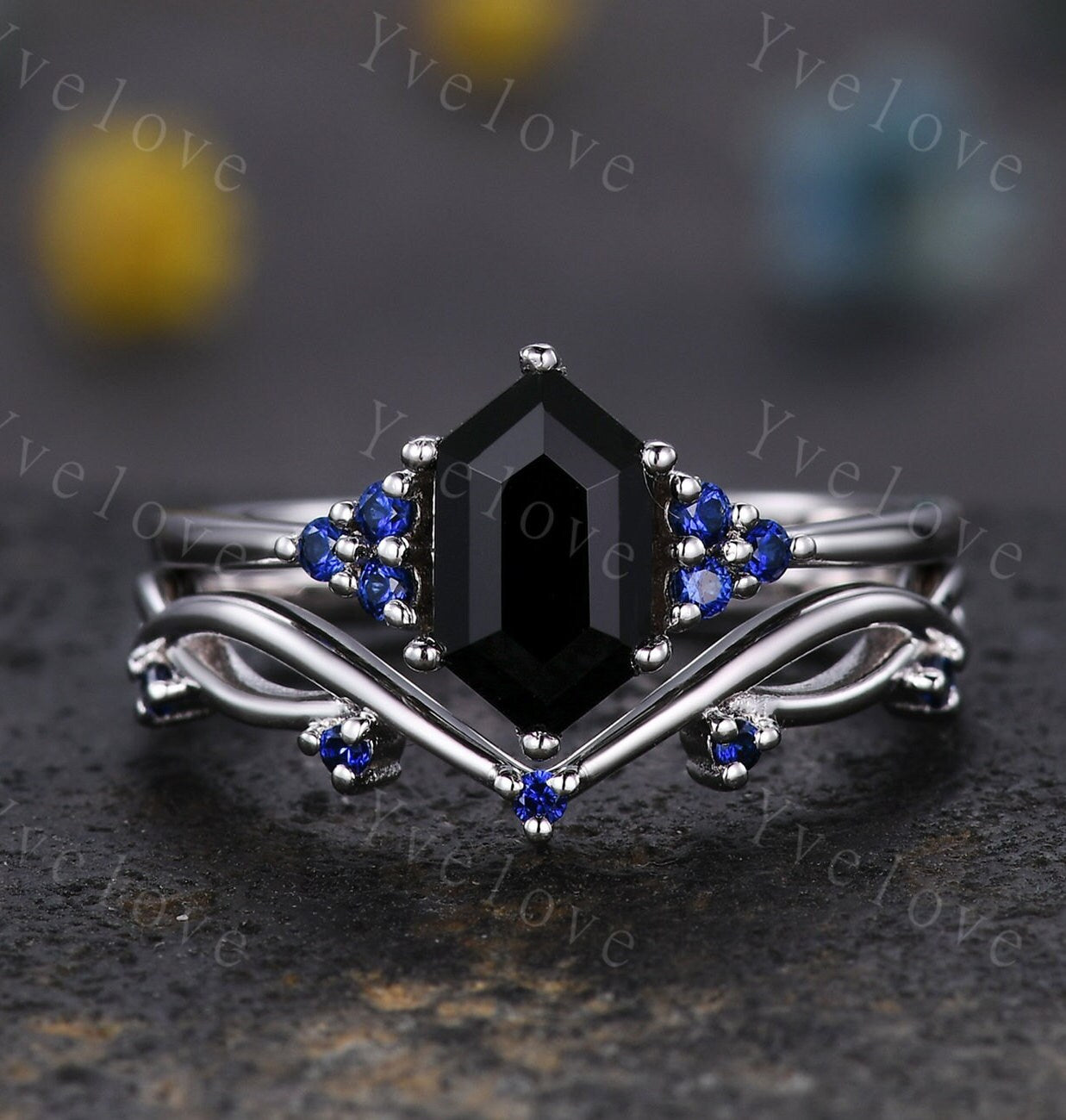 Retro hexagon Black Onyx Sapphire Ring,Vintage Sterling Silver Ring,Unique Black Gems Engagement Ring,Promise Ring,Bridal Ring Gift For Her
