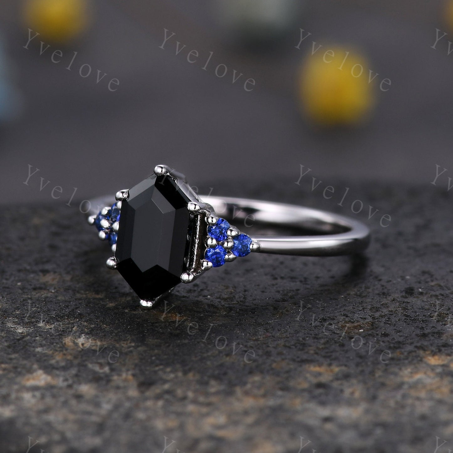 Retro hexagon Black Onyx Sapphire Ring,Vintage Sterling Silver Ring,Unique Black Gems Engagement Ring,Promise Ring,Bridal Ring Gift For Her