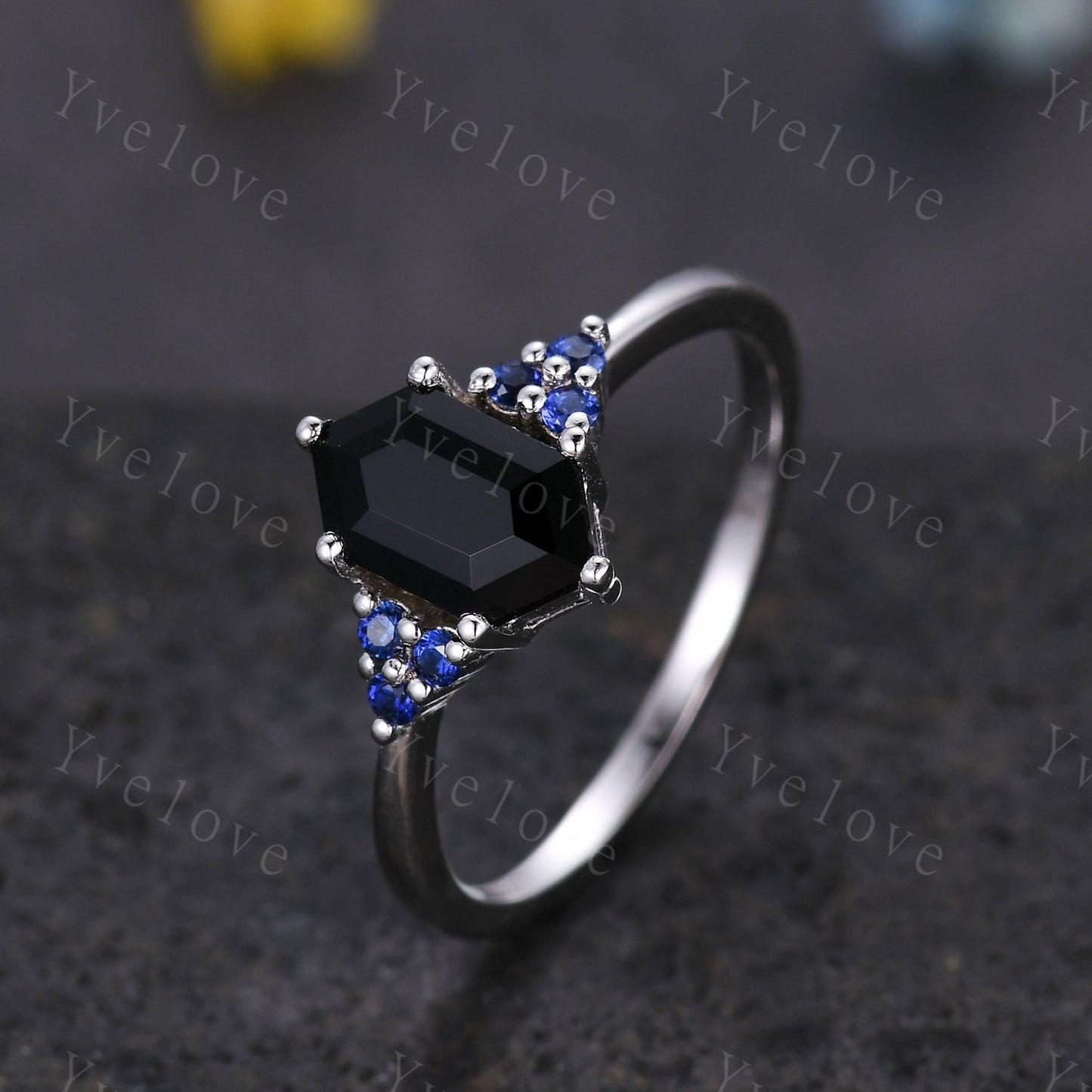 Retro hexagon Black Onyx Sapphire Ring,Vintage Sterling Silver Ring,Unique Black Gems Engagement Ring,Promise Ring,Bridal Ring Gift For Her