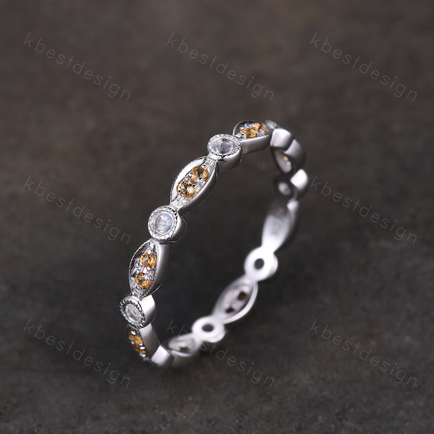 Art deco Eternity Citrine Moonstone Wedding Band Unique Silver Stacking Band Vintage Birthstone Ring Promise Anniversary Ring Personalized