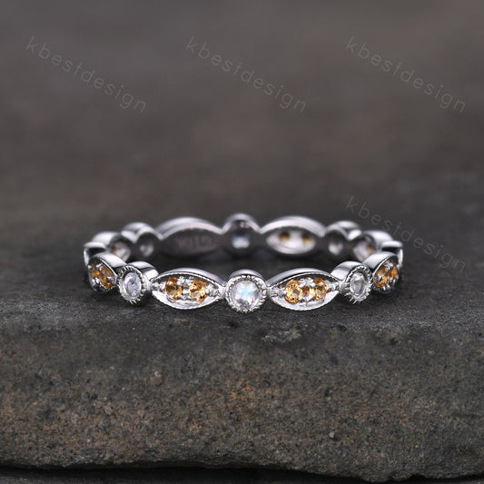 Art deco Eternity Citrine Moonstone Wedding Band Unique Silver Stacking Band Vintage Birthstone Ring Promise Anniversary Ring Personalized