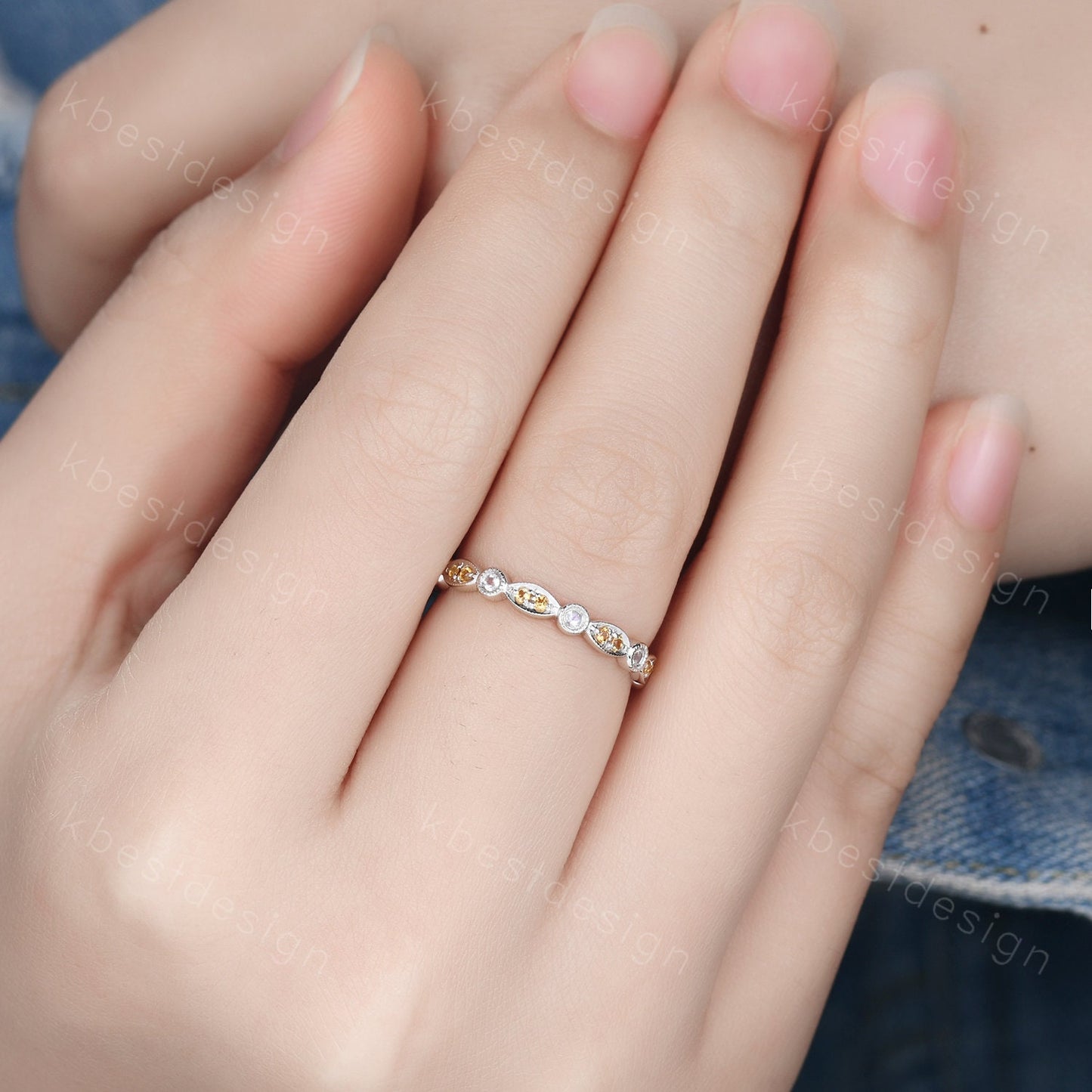 Art deco Eternity Citrine Moonstone Wedding Band Unique Silver Stacking Band Vintage Birthstone Ring Promise Anniversary Ring Personalized