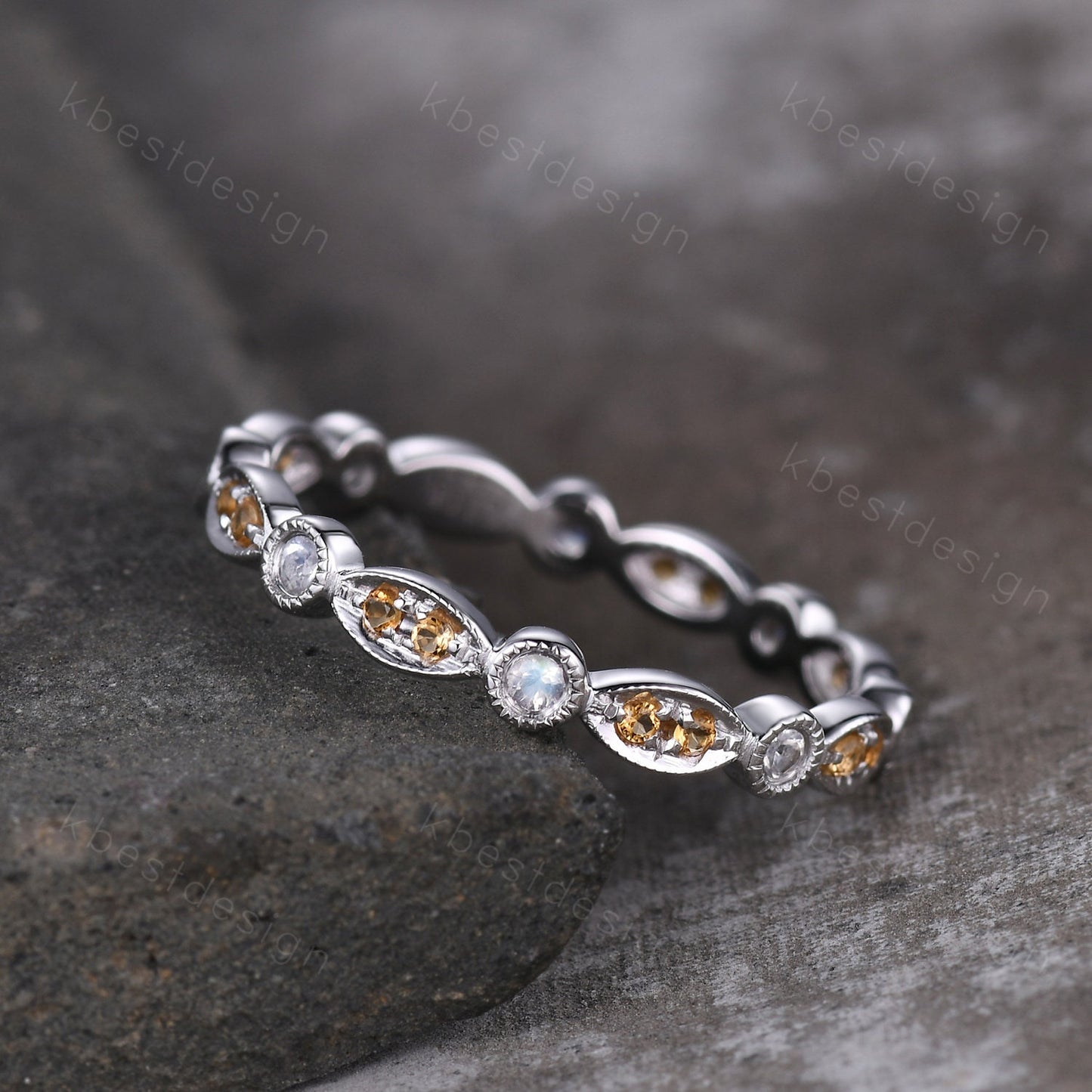 Art deco Eternity Citrine Moonstone Wedding Band Unique Silver Stacking Band Vintage Birthstone Ring Promise Anniversary Ring Personalized