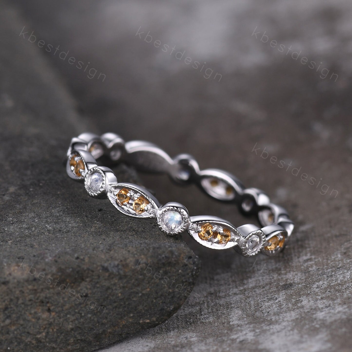 Art deco Eternity Citrine Moonstone Wedding Band Unique Silver Stacking Band Vintage Birthstone Ring Promise Anniversary Ring Personalized