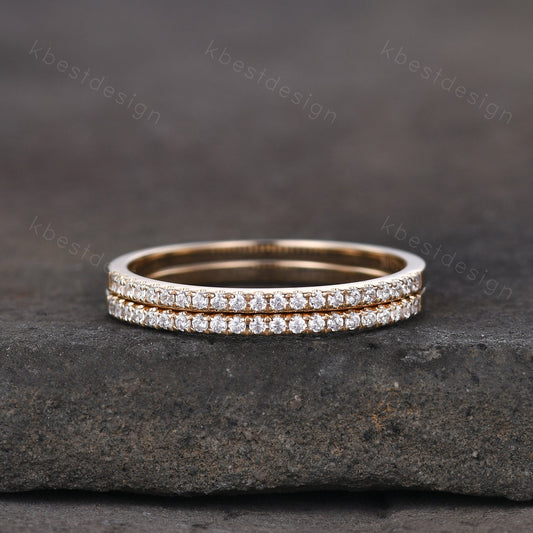 Unique Moissanite wedding band set women half eternity band 14k solid yellow gold minimalist Stacking ring dainty bridal promise ring