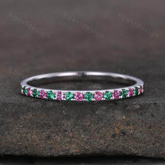 Dainty emerald and pink tourmaline wedding band minimalist half eternity silver wedding ring Art deco micro pave anniversary ring