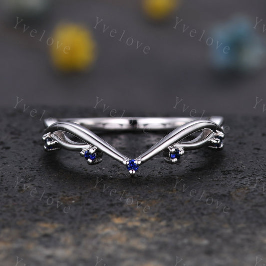 Vintage Sapphire Engagement Ring,Twig Stacking Band,Women Vine Sapphire Band,Art Deco Curved Branch Wedding Band,Platinum Silver Ring Gift